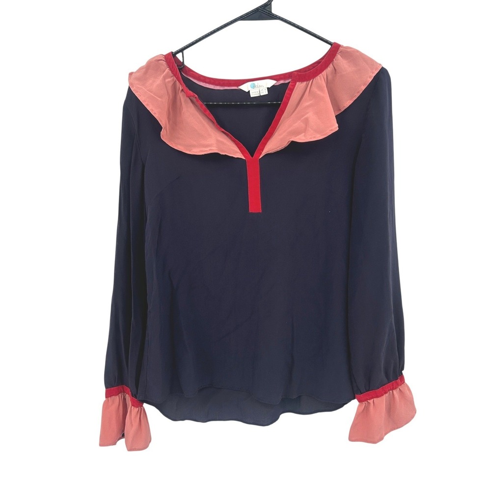 Silk Ruffle Blouse US 2 Navy Blush Long Sleeve Parisian Romantic Preppy‎ Classic
